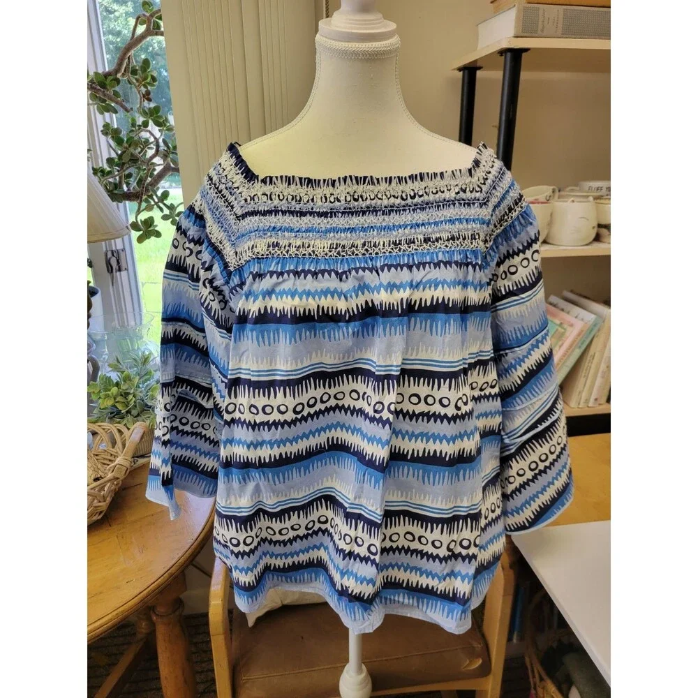 CK Bradley Blue Geometric Off Shoulder Smocked Bell Sleeve Cotton Blouse XL NWT